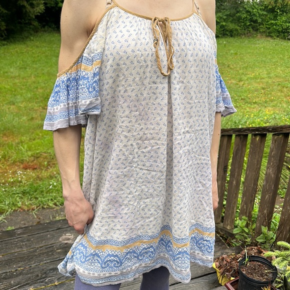 Free People flowing sheer boat neck drop shoulder mini dress white navy brown SP - Picture 2 of 5